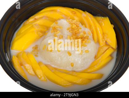 Mango sticky rice, a traditional South Asian dessert made with glutinous rice, fresh mango and coconut milk topped with crispy yellow mung beans. In a Stock Photo