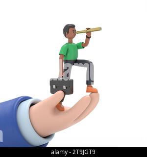 3D illustration of handsome afro man David with briefcase on hand looking for opportunities in spyglass. Business man with telescope. Searches new per Stock Photo