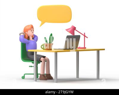 3D illustration of smiling European businesswoman Ellen Business employee bored at work. Office work life concept. 3D rendering on white background. Stock Photo