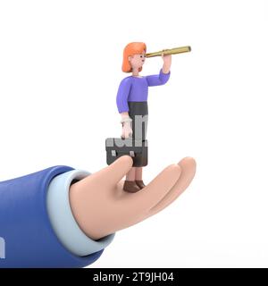 3D illustration of smiling European businesswoman Ellen with briefcase on hand looking for opportunities in spyglass. Business man with telescope. Sea Stock Photo