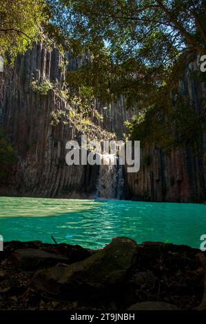 Basaltic Prisms of Santa Maria Regla. Tall columns of basalt rock in canyon, Huasca de Ocampo, Mexico Stock Photo