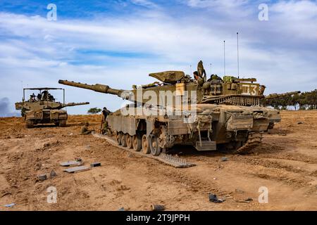 November 23, 2033 Israeli armoured forces parked on the outskirts of the Gaza Strip preparing to enter in order to release the abducted civilians and Stock Photo