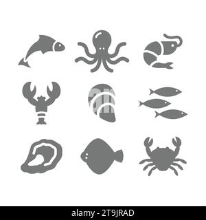 Seafood, fish and lobster vector icons. Sea, ocean food with oyster, octopus and mussels icon set. Stock Vector