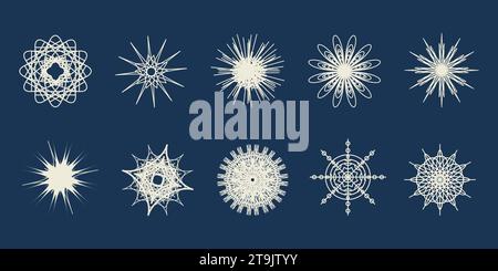 Set snowflakes different on a dark background. Separate elements for any design. Vector flat illustration. Stock Vector