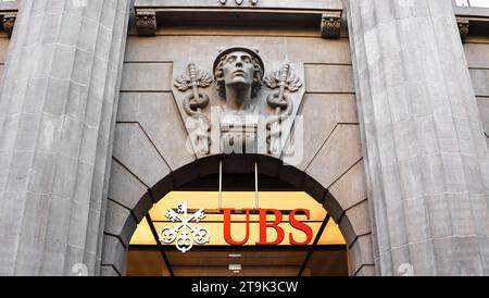 Zurich, Switzerland - November 23, 2023: Union bank of Switzerland - UBS - multinational investment bank in Zurich, Bahnhofstrasse. Stock Photo