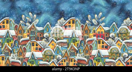Panorama of the old city with houses against the backdrop of the night starry sky with snow. Hand drawn watercolor illustration. Seamless border for Stock Photo