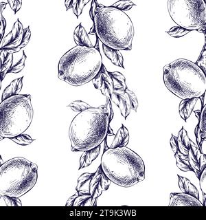 Lemons juicy, ripe with leaves, flower buds on the branches, whole and slices. Graphic botanical illustration hand drawn in blue ink. Seamless pattern Stock Vector