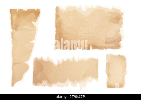 Set parchment paper, torn pieces, old sheets in cartoon style, textured empty notes isolated on white background. Game ui elements. Vector illustration Stock Vector