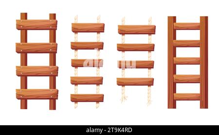 Wooden ladder with rope, planks hanging, staircase in cartoon style ...