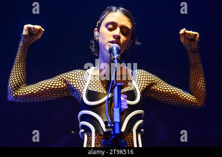 The french artist Pomme plays live at Forest National | La chanteuse et artiste francaise Pomme en concert a Forest National. Stock Photo