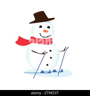 A cheerful snowman in a big hat and a red scarf is skiing Stock Vector