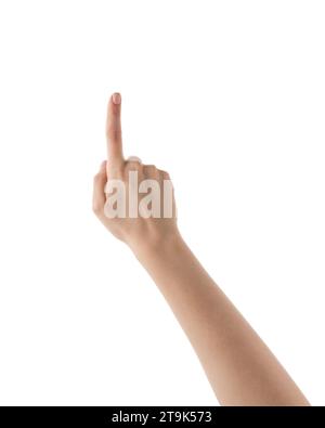 Young woman hand touch gesture for screen or something similar isolated on white Stock Photo