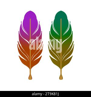 purple and green feathers hand-drawn illustrations on a white background Stock Photo