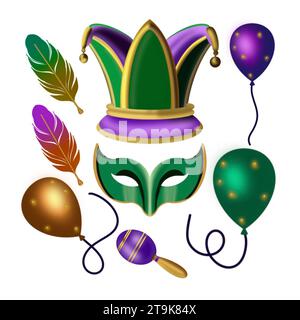 jester hat mask and maracas mardi gras elements hand-drawn illustrations on a white background Stock Photo