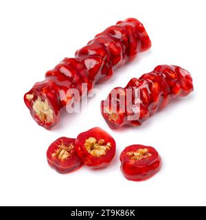 Cevizli Sucuk, Turkish Churchkhela sweets with walnuts close up isolated on white background Stock Photo