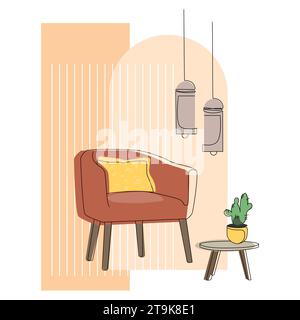 Minimalist interior design line drawing.Fragment of a fashionable interior with a stylish armchair and hanging chandeliers and a touch of furniture Stock Vector