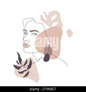 One line abstract woman portrait with plants in minimalistic style. hand drawing female face outline vector illustration.abstract figures and Plant Stock Vector