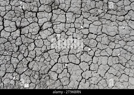 Cracked dry ground gray, on a clear day. Top view. Stock Photo