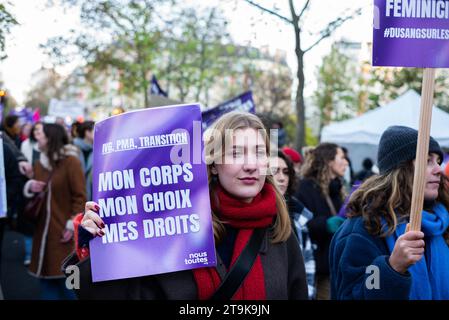 Paris, France. 26th Nov, 2023. Demonstration against femicide and violence against women, during the international day against violence against women in Paris, France, on November 25, 2023. Photo by Pierrick Villette/ABACAPRESS.COM Credit: Abaca Press/Alamy Live News Stock Photo