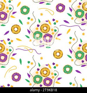 King Cake seamless pattern. Festive donuts on plate with colorful icing, beads, necklaces and feathers on white background. Mardi Gras carnival food. Stock Vector