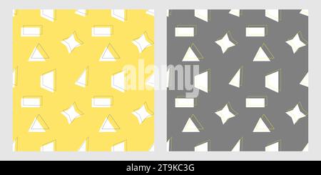Geometric patterns with simple figures of triangle, trapezoid, rectangle, and their contours, on yellow and gray background. Vector illustration Stock Vector