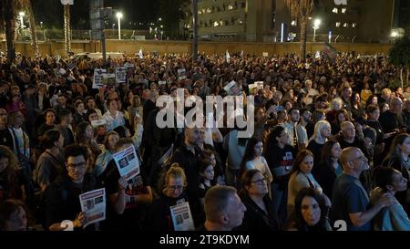 Israelis take part in a rally attended by tens of thousands of people in support of the 212 hostages that are still being held by Hamas, as another 13 Israeli hostages were released from Gaza, during the second day of the ceasefire on November 25, 2023 in Tel Aviv, Israel. A total of 50 hostages currently held by Hamas are to be released during a four-day truce with Israel, Stock Photo