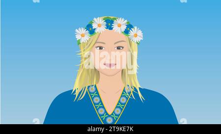 Swedish traditional woman with colors of Swedish flag in dress. Vector illustration. Stock Vector