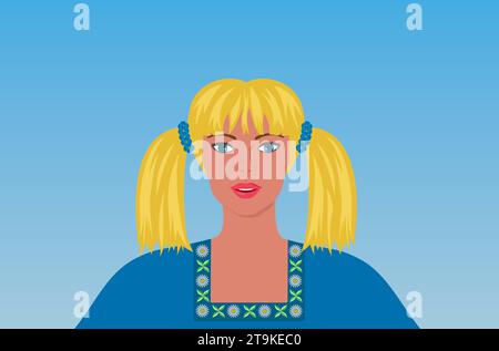 Swedish traditional woman with colors of Swedish flag in dress. Vector illustration. Stock Vector