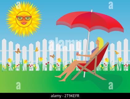 Woman enjoying her home and garden in summertime.  Vector illustration. Stock Vector