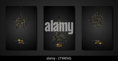 Set black card of Merry Christmas and Happy Holiday, greeting cards, posters, New Year covers. Design templates with typography, season wishes in gold Stock Vector