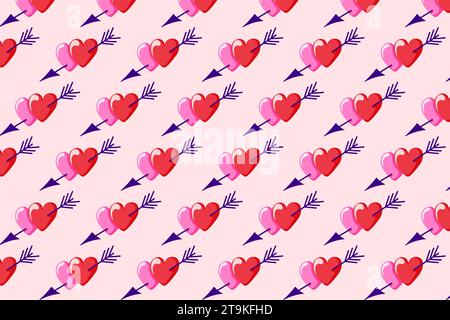 Two hearts with arrow seamless pattern. Valentines Day background in cartoon style. Vector illustration for wallpaper, wrapping, gifts and cards. Stock Vector