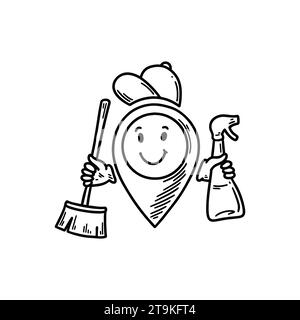 Cute line doodle cleaning location pin emoji. Freehand sketch pinpoint. Map address comic emoticon. Smiling funny character Stock Vector