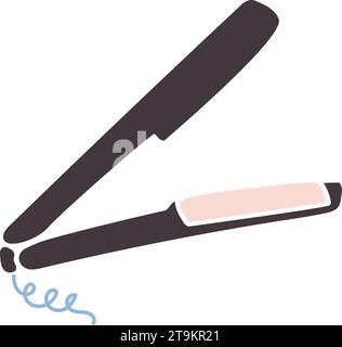 Beauty service, hair straightener. Curling iron with ceramic plates for straightening hair curls. Beauty care item in spa salon. Vector isolated on wh Stock Vector