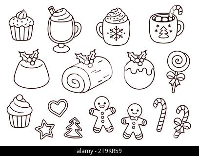 Traditional Christmas food: desserts, drinks, cookies and sweets. Hand drawn doodles, black and white line art. Cute cartoon vector illustration set. Stock Vector