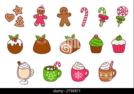 Traditional Christmas food: desserts, drinks, cookies and sweets. Kawaii hand drawn doodle icons. Cute cartoon vector illustration set. Stock Vector