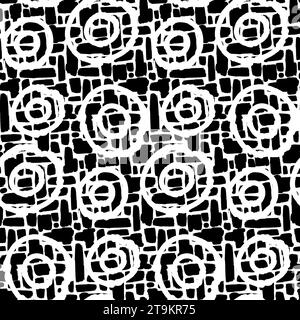 Grunge Crazy Spotty seamless pattern with hand drawn abstract spiral symbols. Ornament for printing on fabric, cover and packaging. Simple black and w Stock Vector