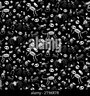 Black white Halloween seamless pattern with Animals Monster Skeletons. Roentgen skeleton bones, fairy tale characters. Ornament for printing on fabric Stock Vector