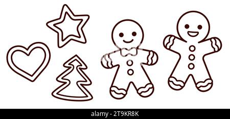 Traditional Christmas cookies set, gingerbread man and shapes. Black and white line art. Simple cartoon drawing, hand drawn doodle. Vector clip art il Stock Vector