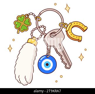 Lucky charms and good luck amulets on keychain and keyring with house key. Horseshoe, clover, evil eye, rabbit foot. Cartoon drawing, vector clip art Stock Vector