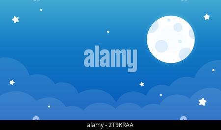 Cartoon banner with night sky, full moon, clouds and start. Simple vector clip art illustration. Stock Vector