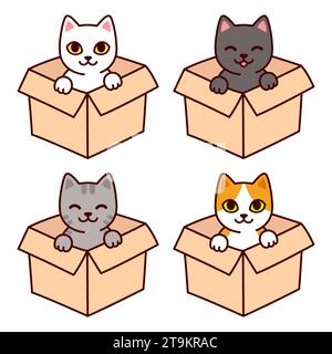 Cute cartoon cat in cardboard box, different colors set. Funny kitty sitting in a box, isolated vector clip art illustration. Pet adoption clip art. Stock Vector