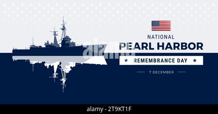 Pearl Harbor Remembrance Day background with a powerful warship, Pearl Harbor day lettering and the United States flag - vector Illustration Stock Vector