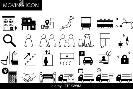 Finding a room in a rental property: Iconic set of moving icons, Vector Illustration Stock Vector