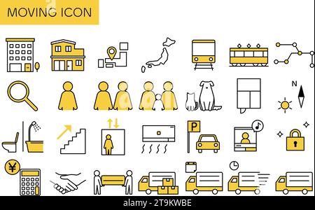 Finding a room in a rental property: Iconic set of moving icons, Vector Illustration Stock Vector