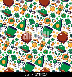 St. Patrick Day seamless pattern with Gold coins in pot, ale, Leprechaun top hat, four leaf luck clover, bag of gold. Ornament for printing on fabric, Stock Vector