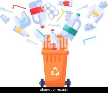 Old unwanted Plastic Items fall into open trash can. Heap of old bottles, packaging, disposable tableware. Plastic pollution problem. Cartoon isolated Stock Vector