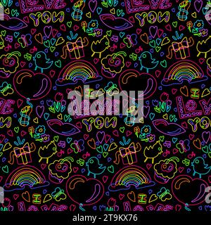 Declarative hand drawn neon seamless pattern with festive elements on dark black backdrop. Party ornament for printing on fabric, cover and packaging. Stock Vector
