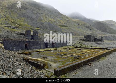 Remains of Buildings at Cwmystwyth where the mining Industry ended a while ago in in the county of Ceredigion, on a rather dull November day in Autumn Stock Photo