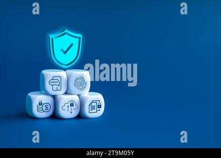 3d shield padlock on white blocks with fingerprint scan, two step authentication, banking and cloud, personal information icons, blue background. Cybe Stock Photo