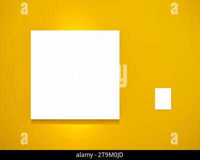 Mock up blank square canvas frame and white empty work caption for size, technique and artwork concept, hanging on yellow wall background. Template, e Stock Photo